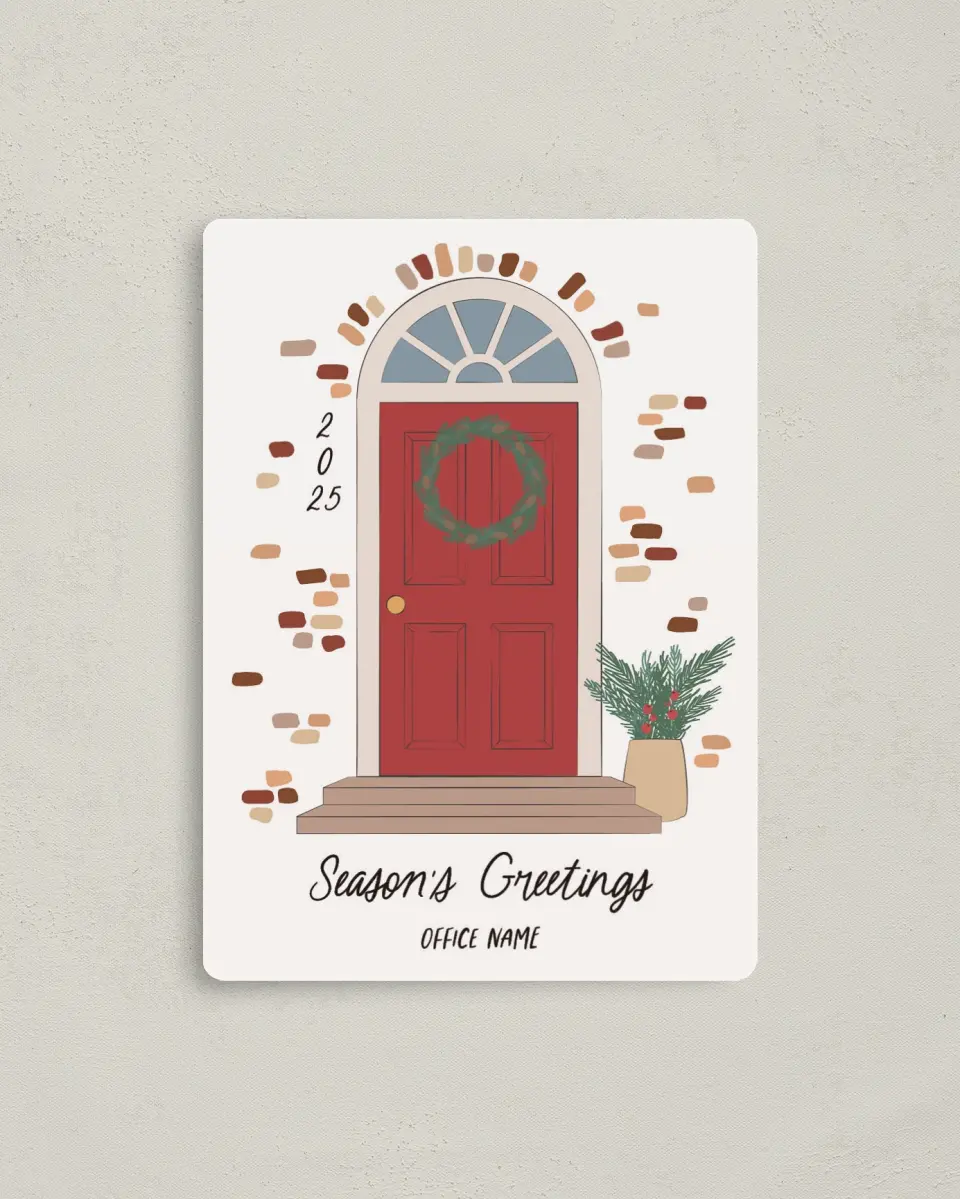 This is a 4" x 5½" Christmas Card called Front Door Wreath printed in full color with a Luxe Satin finish