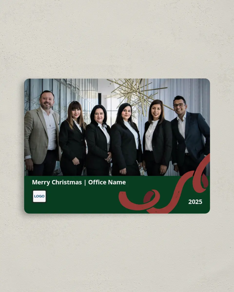 This is a 4" x 5½" Christmas Card called Cheerful Holiday Ribbon printed in full color with a Luxe Satin finish