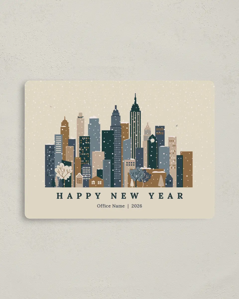 This is a 4" x 5½" Christmas Card called Snowy Cityscape printed in full color with Gold foil and a Luxe Satin finish