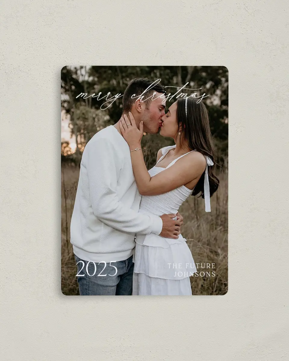 This is a 4" x 5½" Christmas Card called Dainty Holiday printed in full color with Gold foil and a Luxe Satin finish