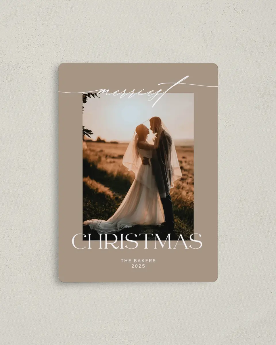 This is a 4" x 5½" Christmas Card called Connected Christmas printed in full color with Rose Gold foil and a Luxe Satin finish