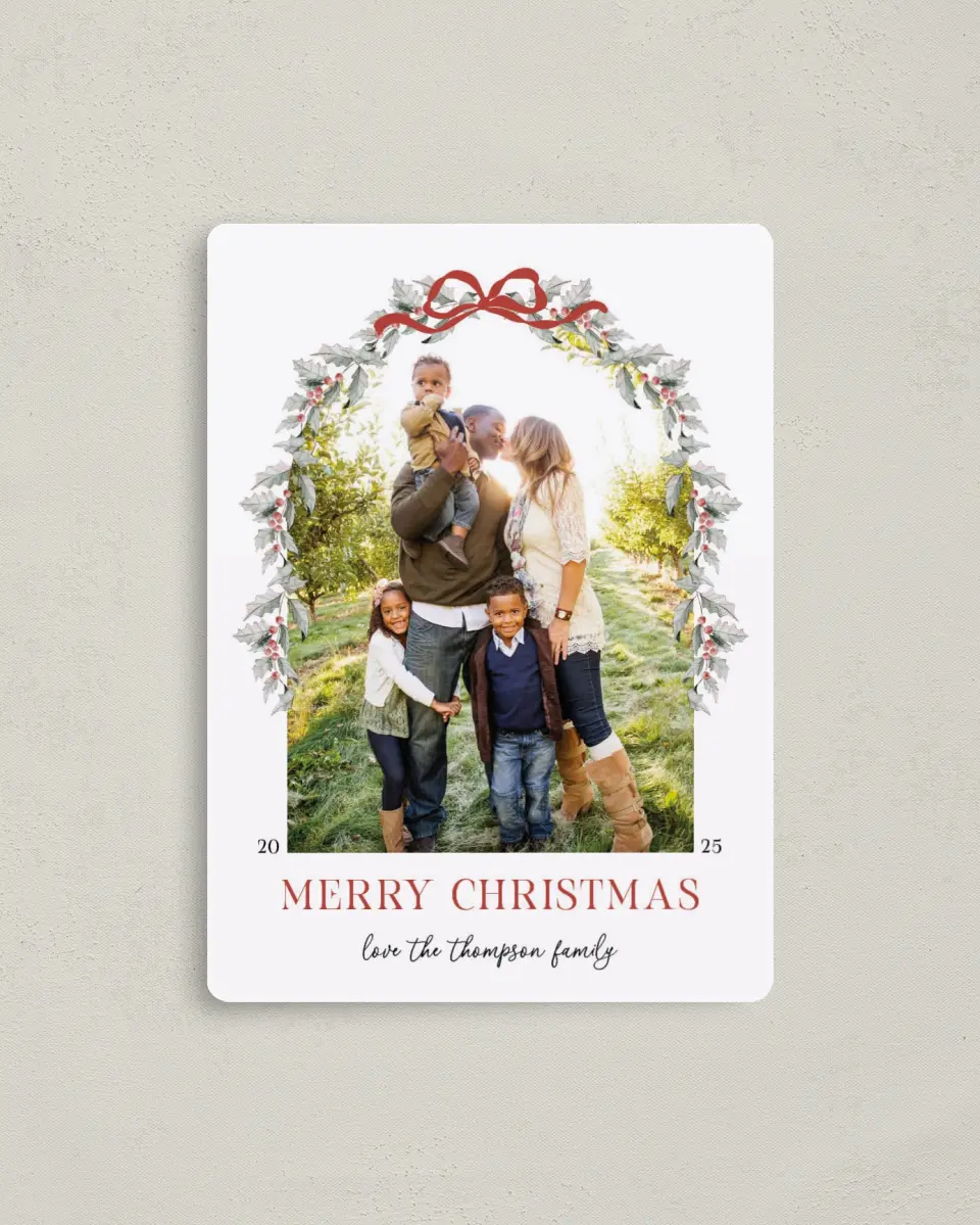 This is a 4" x 5½" Christmas Card called Holly & Mistletoe Magic printed in full color with Silver foil and a Luxe Satin finish