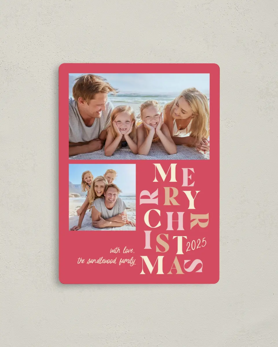 This is a 4" x 5½" Christmas Card called Bright Spirits printed in full color with Silver foil and a Luxe Satin finish