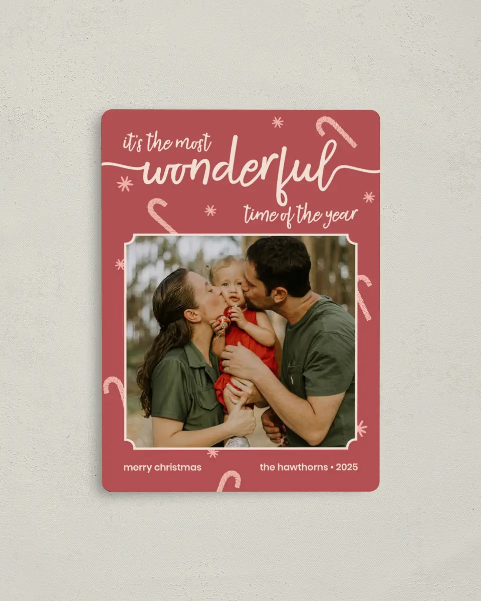 This is a 4" x 5½" Christmas Card called Most Wonderful printed in full color with Gold foil and a Luxe Satin finish