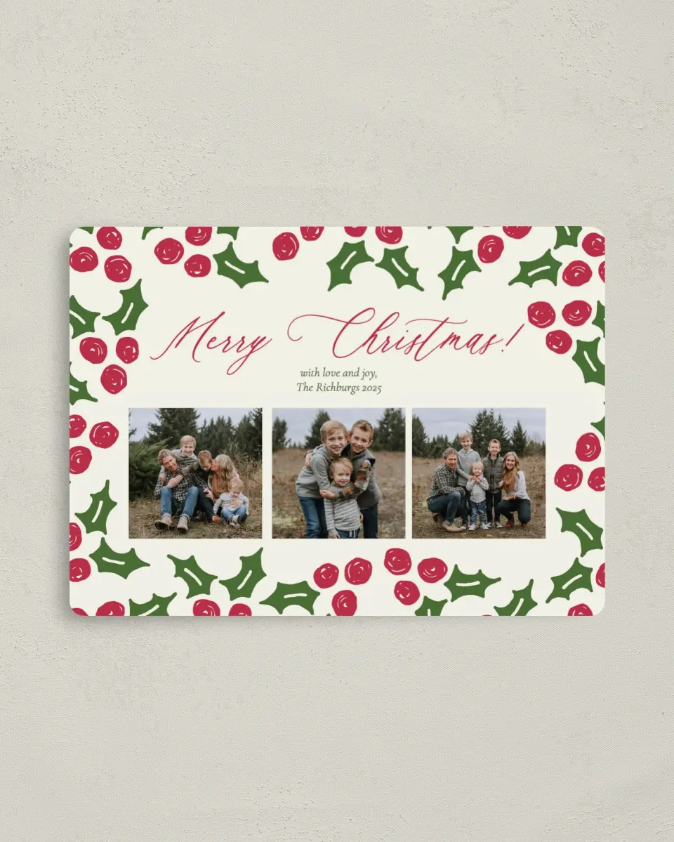 This is a 4" x 5½" Christmas Card called Happy Holly printed in full color with Gold foil and a Luxe Satin finish