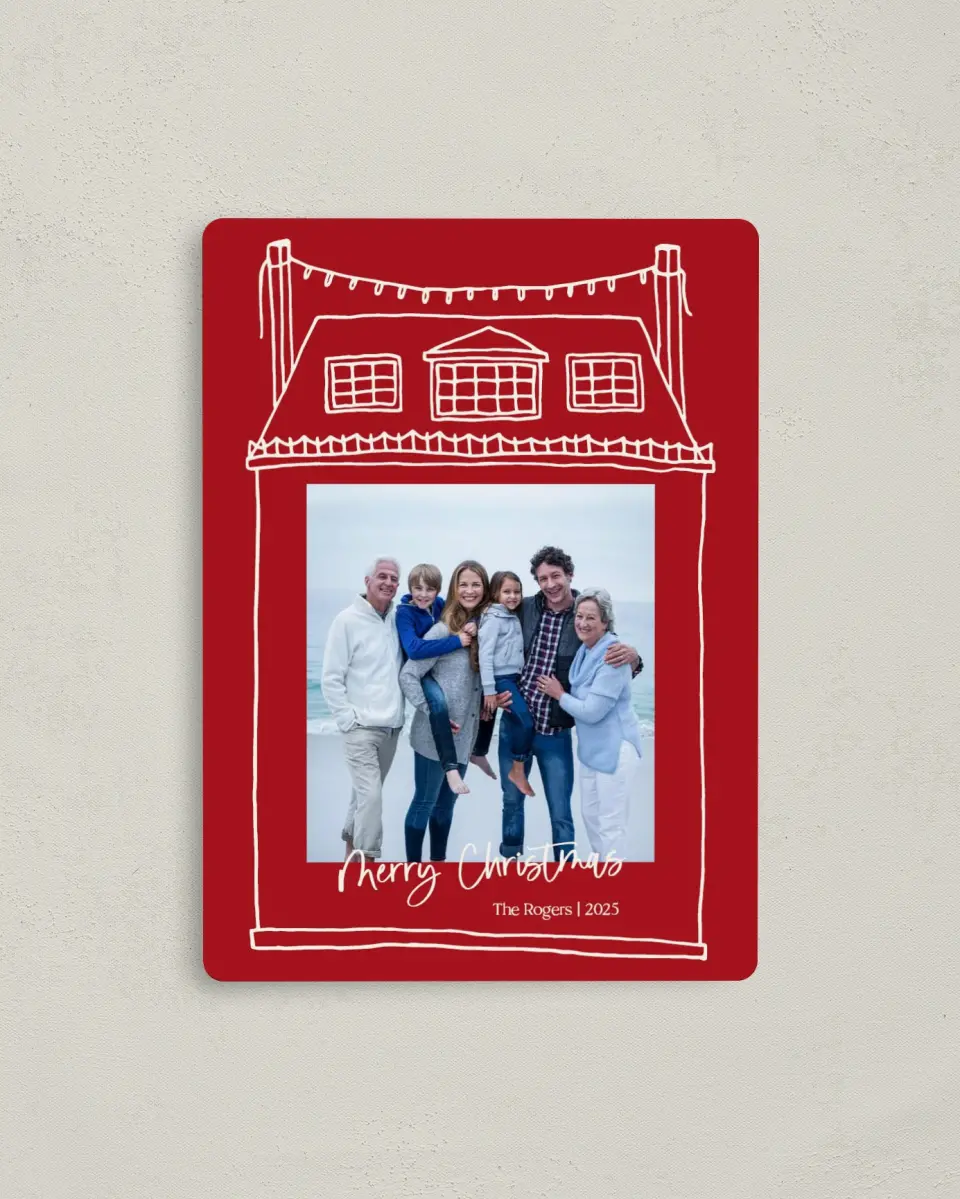 This is a 4" x 5½" Christmas Card called Home for the Holiday printed in full color with Gold foil and a Luxe Satin finish