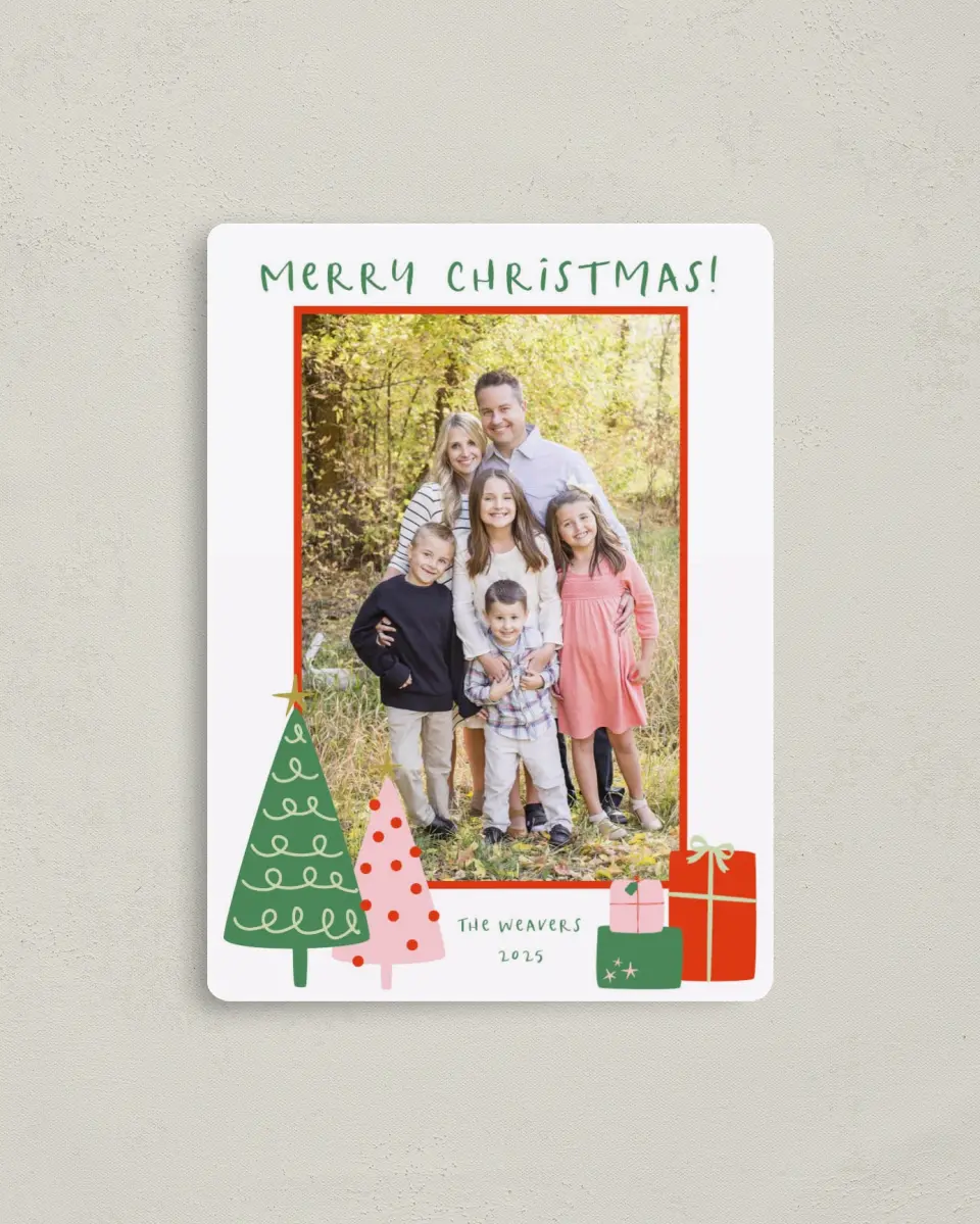 This is a 4" x 5½" Christmas Card called Under the Tree printed in full color with Gold foil and a Luxe Satin finish