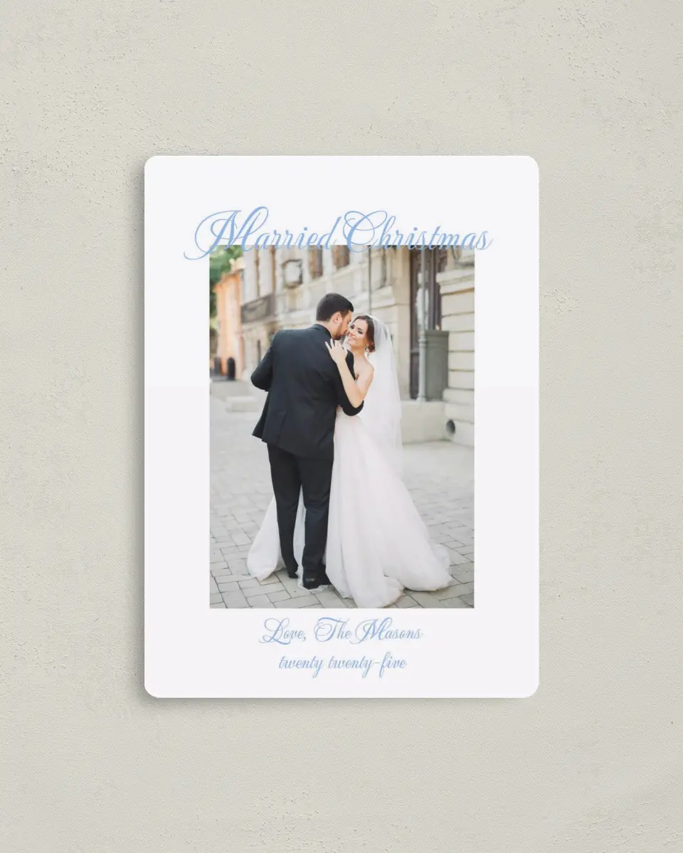 This is a 4" x 5½" Christmas Card called Married Christmas printed in full color with Rose Gold foil and a Luxe Satin finish