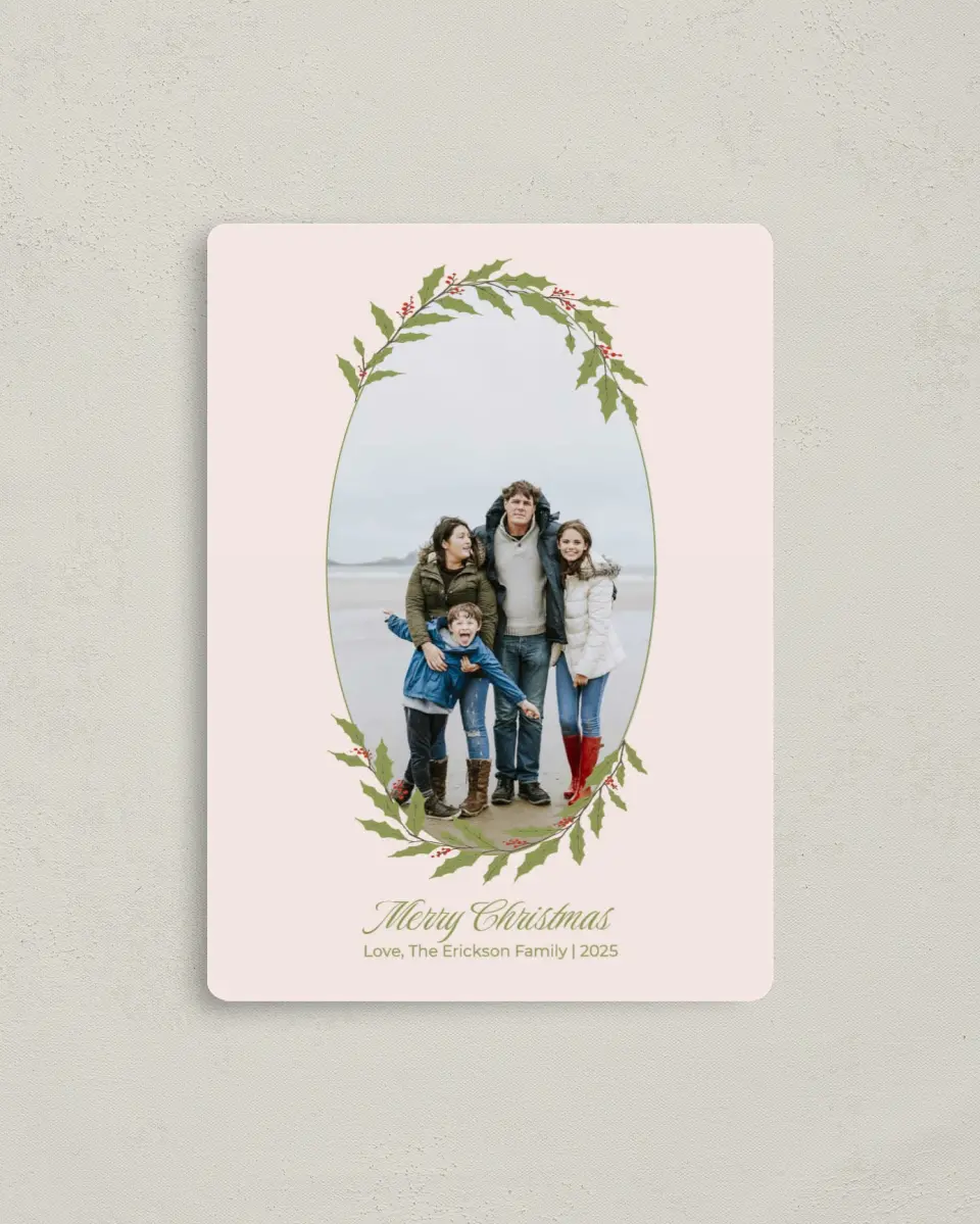 This is a 4" x 5½" Christmas Card called Framed in Love printed in full color with Silver foil and a Luxe Satin finish