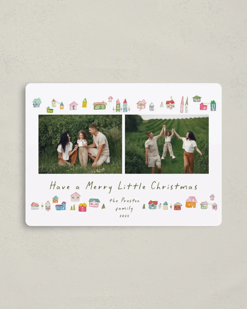 This is a 4" x 5½" Christmas Card called Christmas Village printed in full color with a Luxe Satin finish