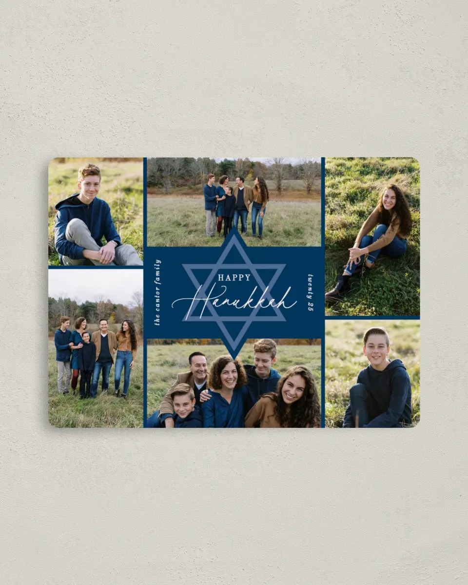 This is a 4" x 5½" Hanukkah Card called Joyous Hanukkah printed in full color with Silver foil and a Luxe Satin finish