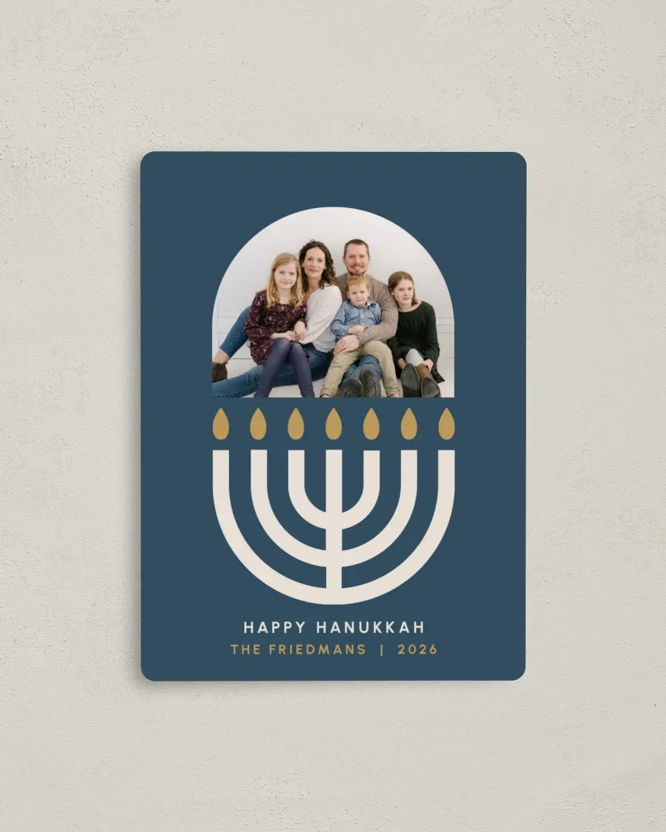 This is a 4" x 5½" Hanukkah Card called Menorah Lights printed in full color with a Luxe Satin finish