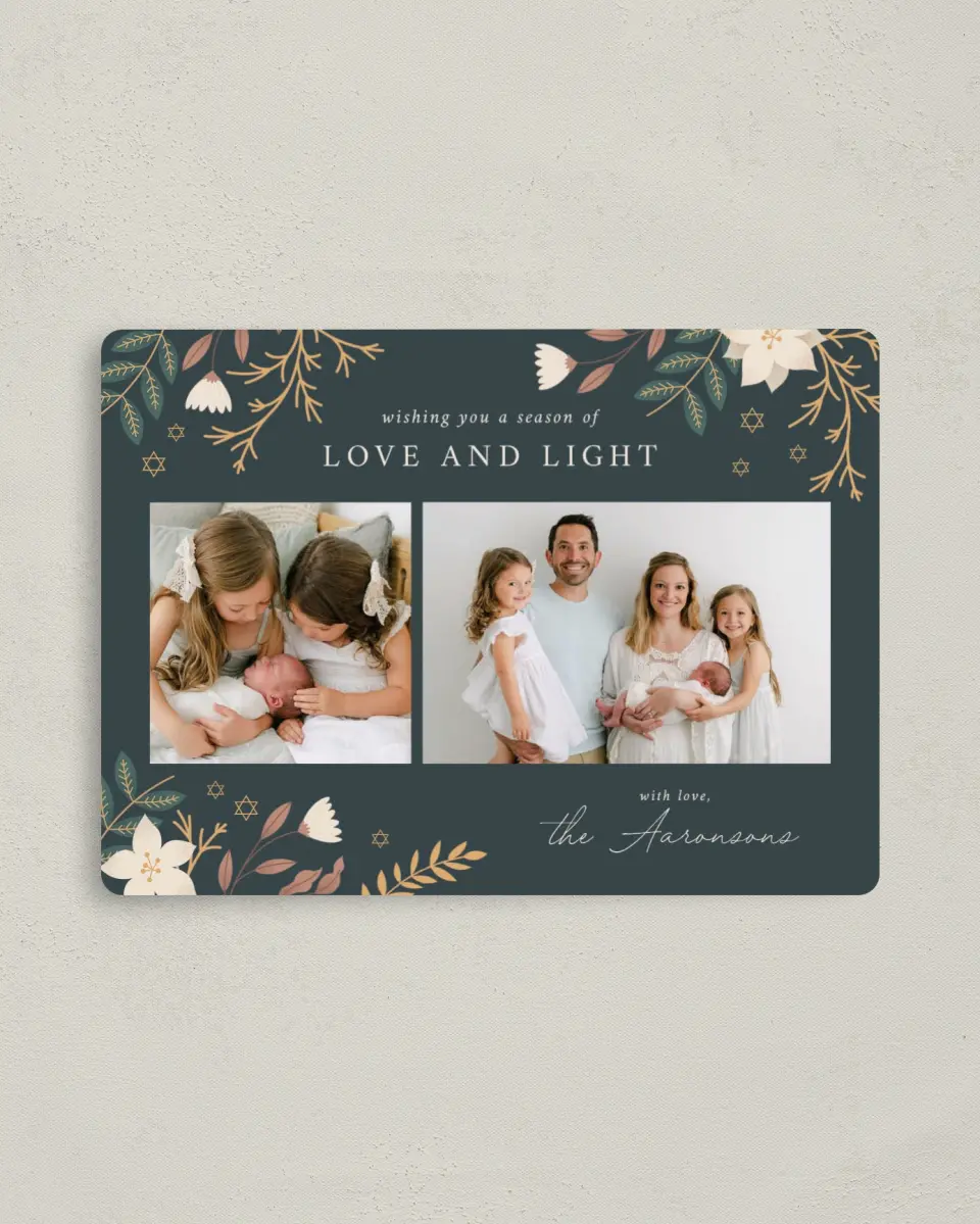 This is a 4" x 5½" Hanukkah Card called Botanical Blessings printed in full color with Silver foil and a Luxe Satin finish