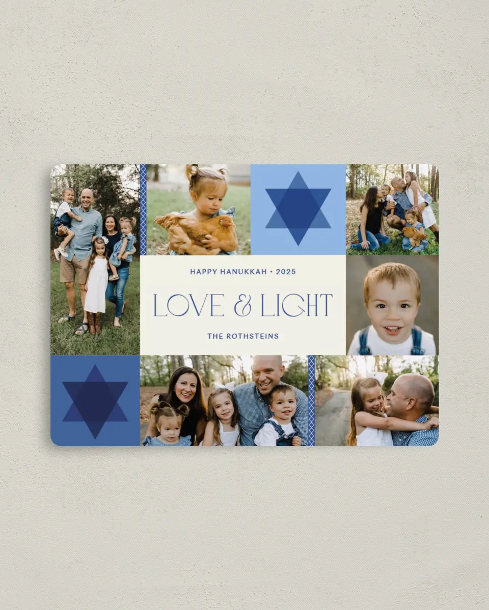 This is a 4" x 5½" Hanukkah Card called Patchwork Star printed in full color with Silver foil and a Luxe Satin finish