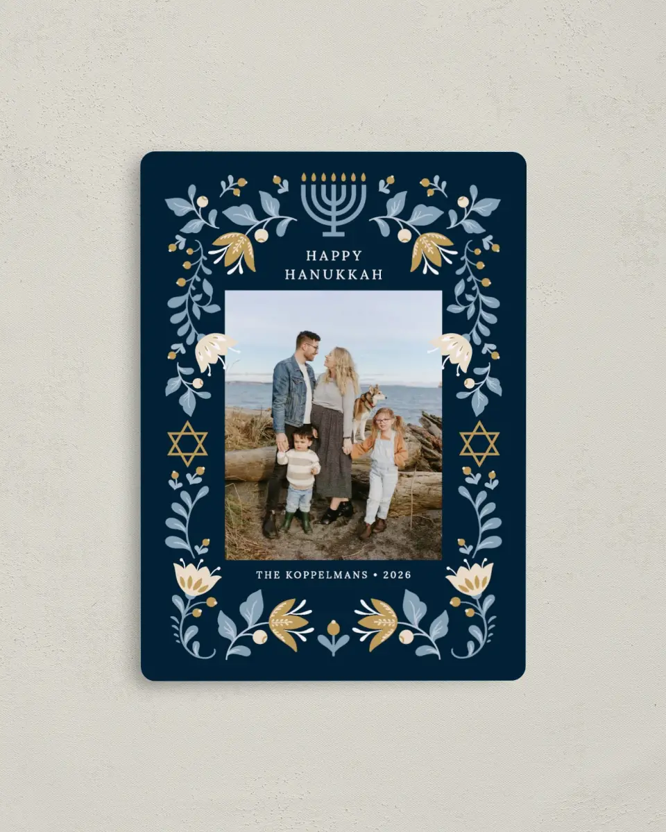 This is a 4" x 5½" Hanukkah Card called Folk Festival printed in full color with a Luxe Satin finish