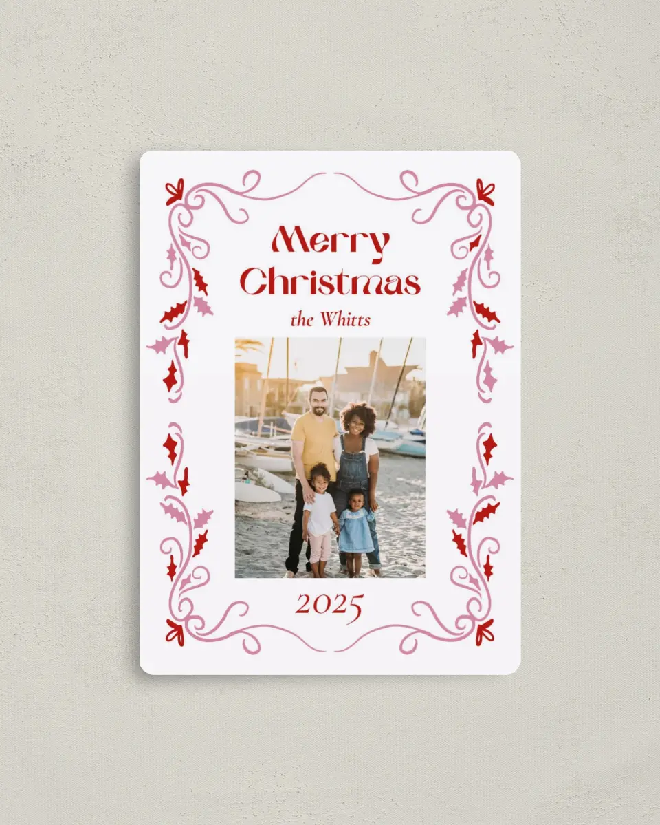 This is a 4" x 5½" Christmas Card called Festive Wishes printed in full color with Gold foil and a Luxe Satin finish