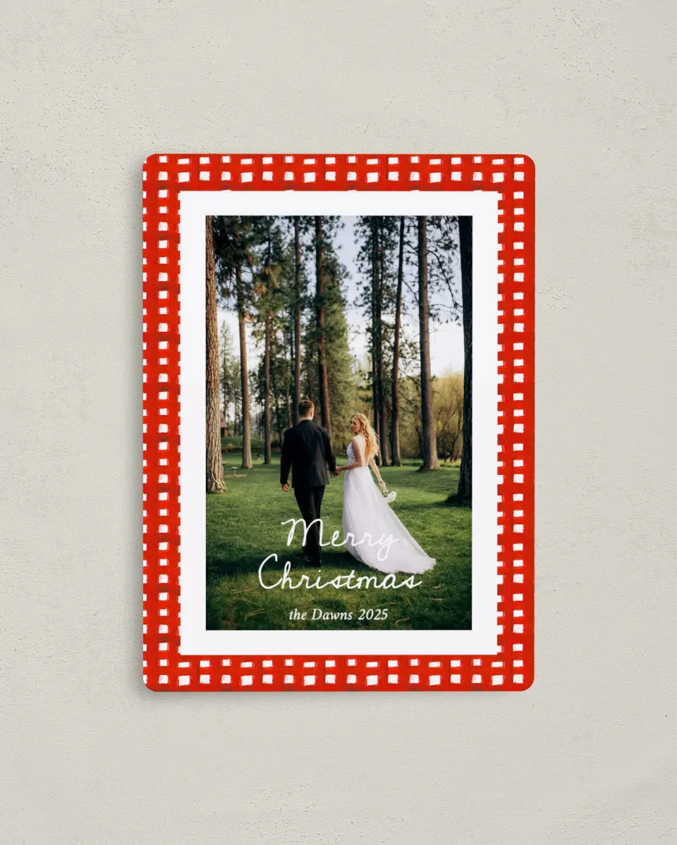 This is a 4" x 5½" Christmas Card called Jingle Bells & Wedding Bells printed in full color with Gold foil and a Luxe Satin finish