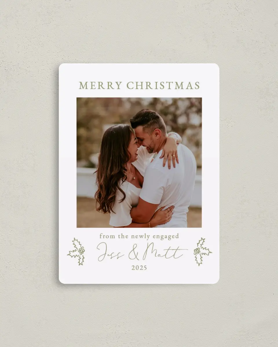 This is a 4" x 5½" Christmas Card called Festive Fiancés printed in full color with a Luxe Satin finish
