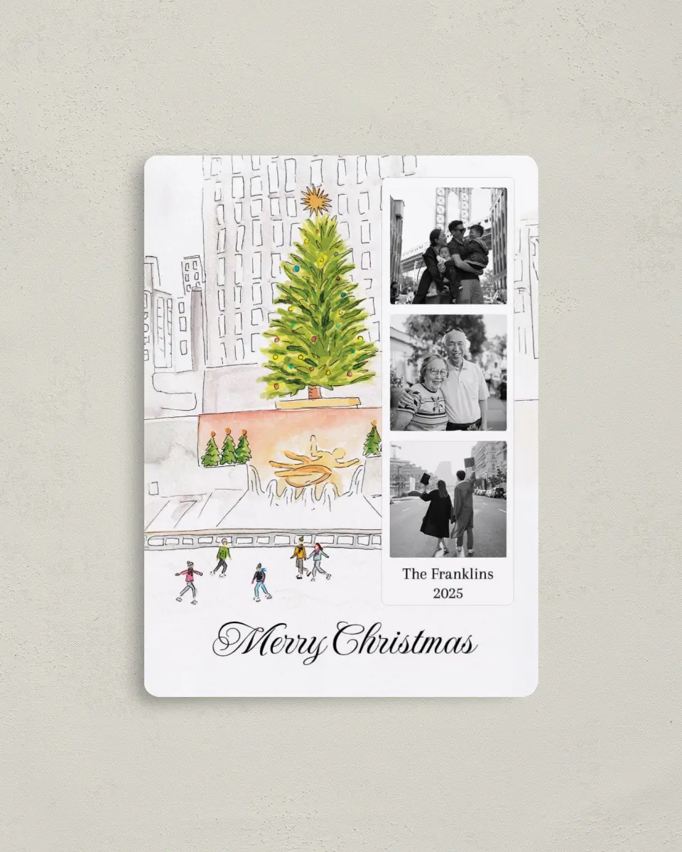 This is a 4" x 5½" Christmas Card called Rockin Around the Tree printed in full color with Gold foil and a Luxe Satin finish