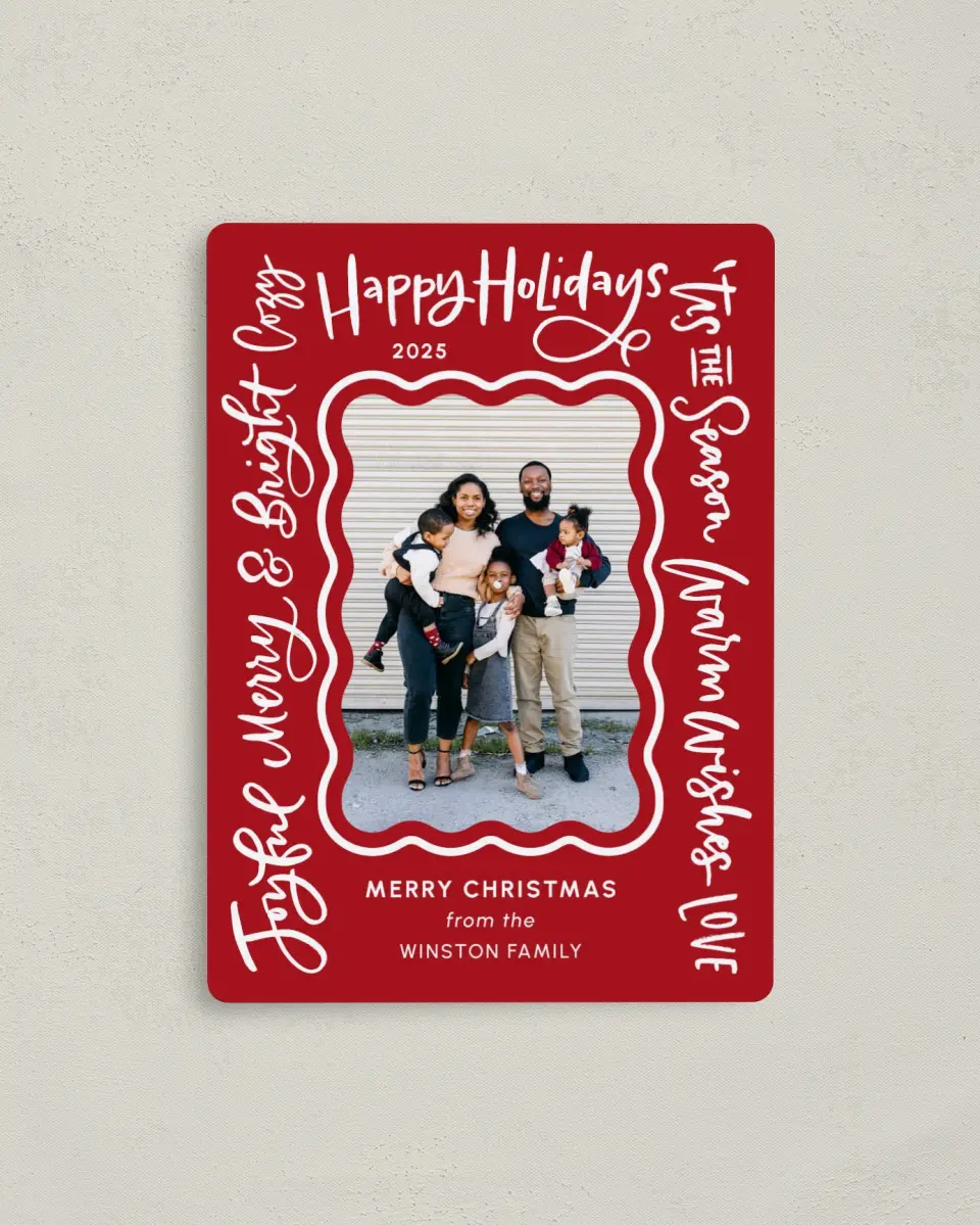 This is a 4" x 5½" Christmas Card called Warming Wishes printed in full color with Gold foil and a Luxe Satin finish