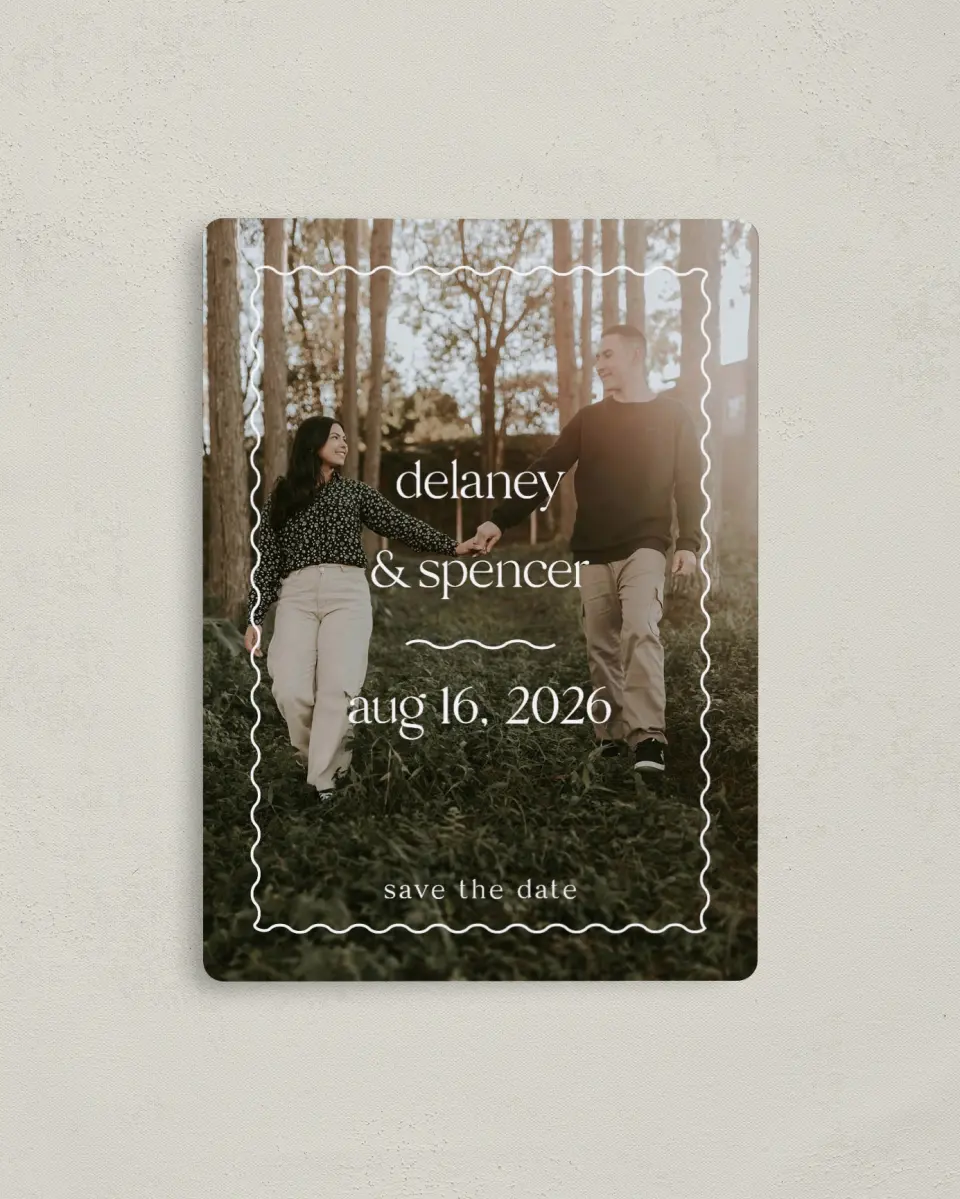 This is a 4" x 5½" Save the Date Magnet called The Delaney printed in full color with a Luxe Satin finish