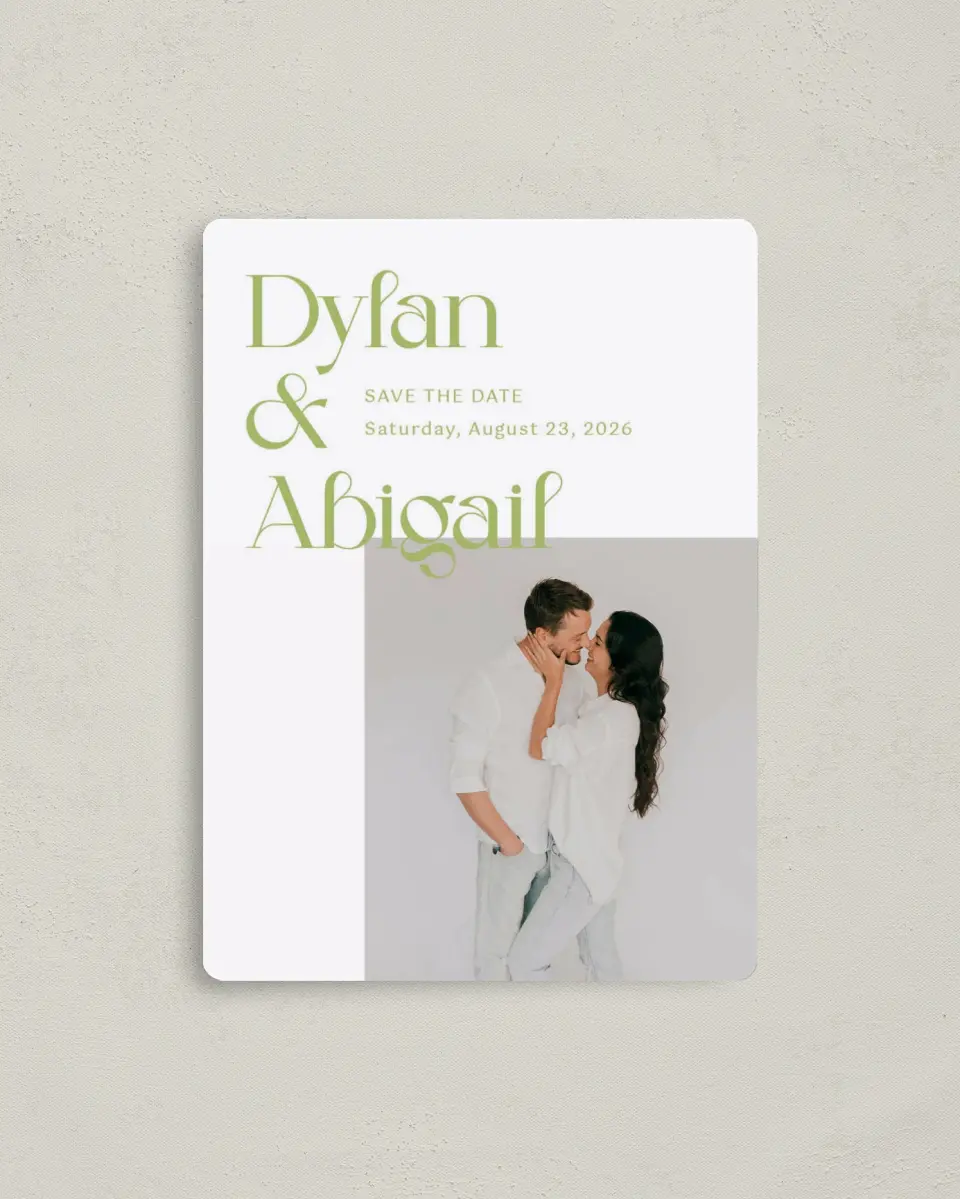 This is a 4" x 5½" Save the Date Magnet called The Abigail printed in full color with Rose Gold foil and a Luxe Satin finish