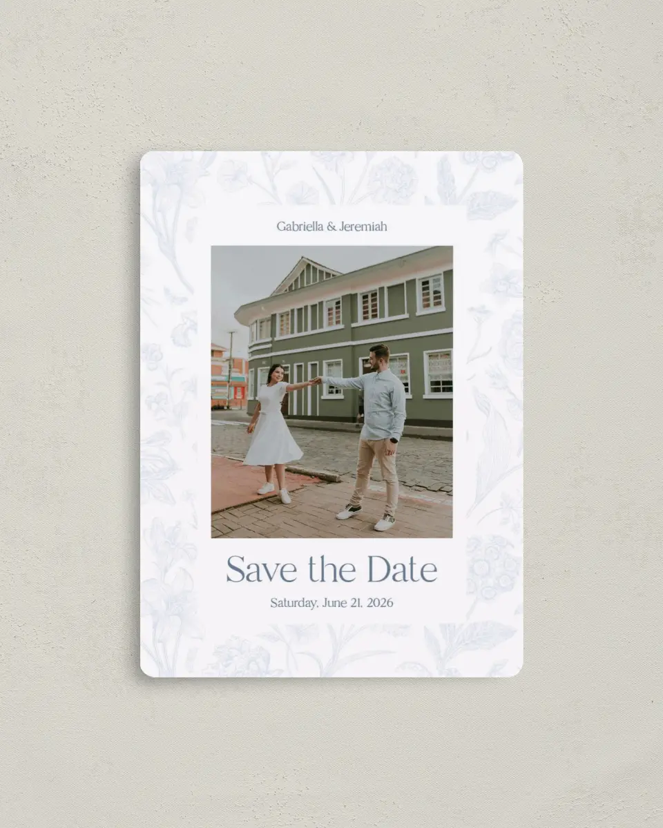 This is a 4" x 5½" Save the Date Magnet called The Gabriella printed in full color with a Luxe Satin finish