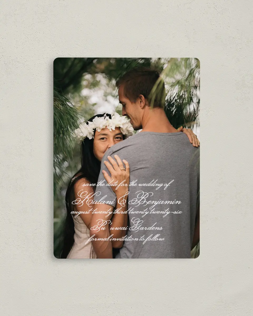 This is a 4" x 5½" Save the Date Magnet called Aloha Amore printed in full color with a Luxe Satin finish
