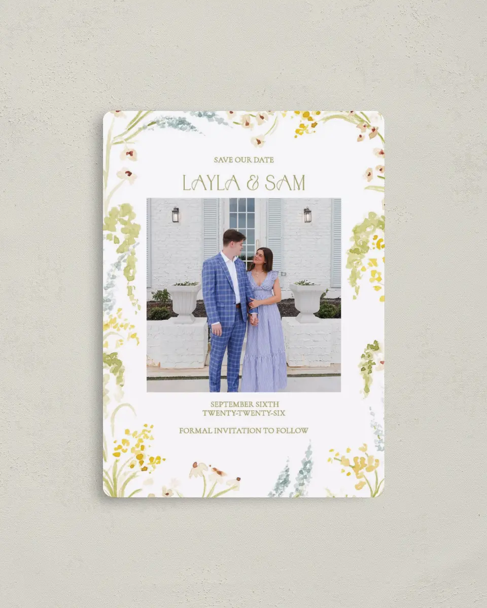 This is a 4" x 5½" Save the Date Magnet called Forever in Bloom printed in full color with a Luxe Satin finish