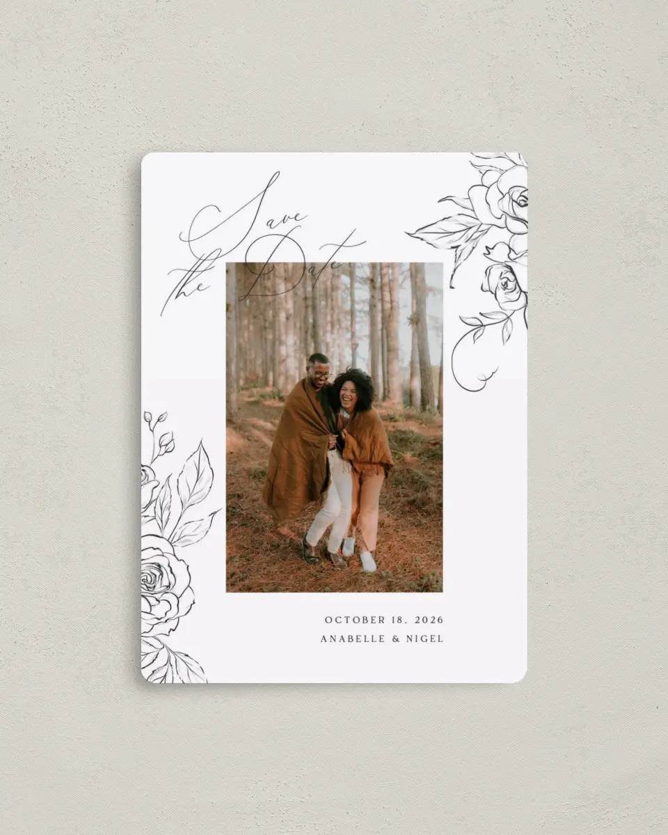 This is a 4" x 5½" Save the Date Magnet called The Anabelle printed in full color with a Luxe Satin finish