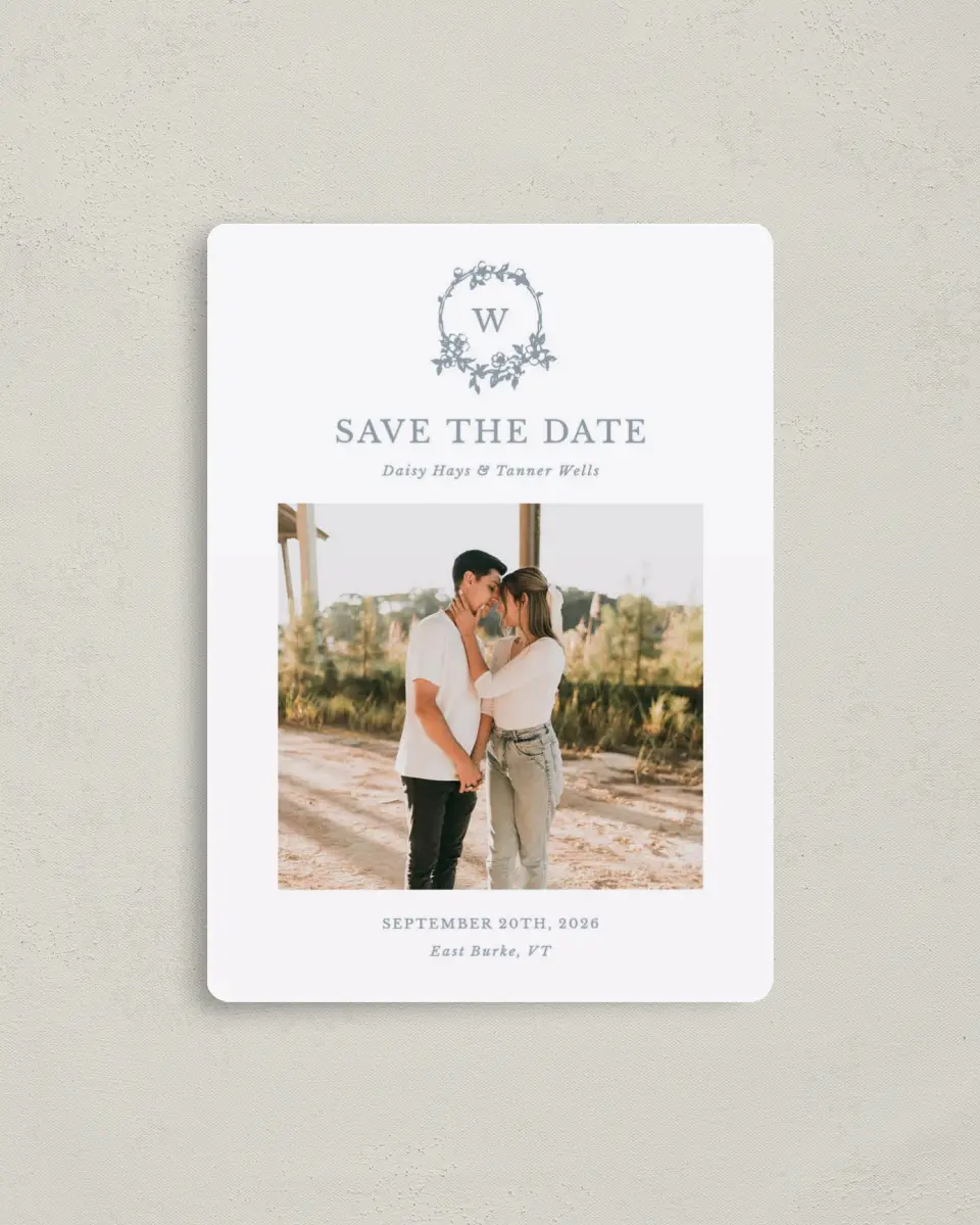 This is a 4" x 5½" Save the Date Magnet called Flowering Frame printed in full color with a Luxe Satin finish