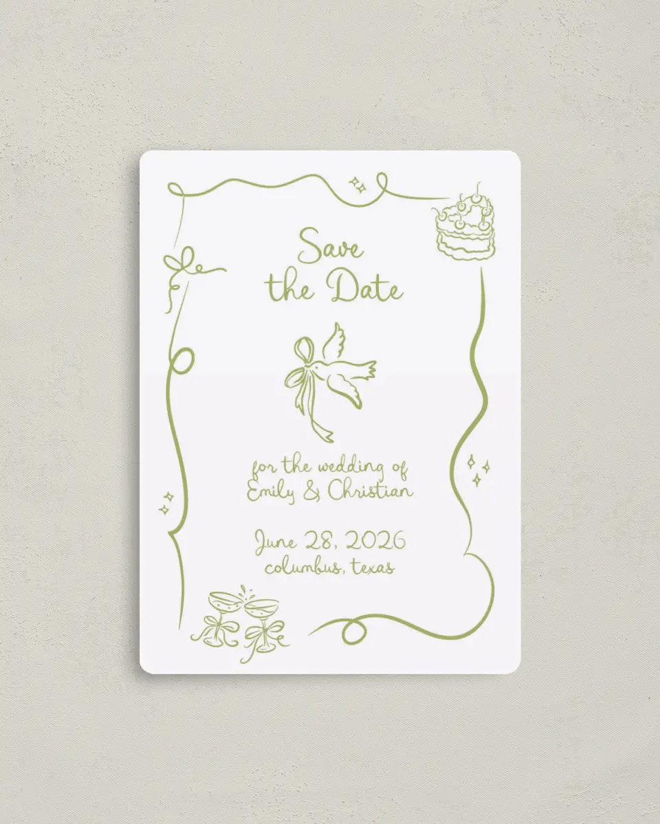 This is a 4" x 5½" Save the Date Magnet called Wedding Whimsy printed in full color with a Luxe Satin finish