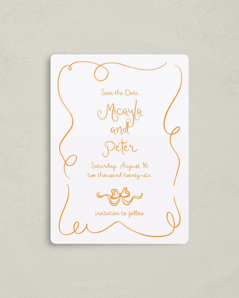 This is a 4" x 5½" Save the Date Magnet called The Micayla printed in full color with a Luxe Satin finish