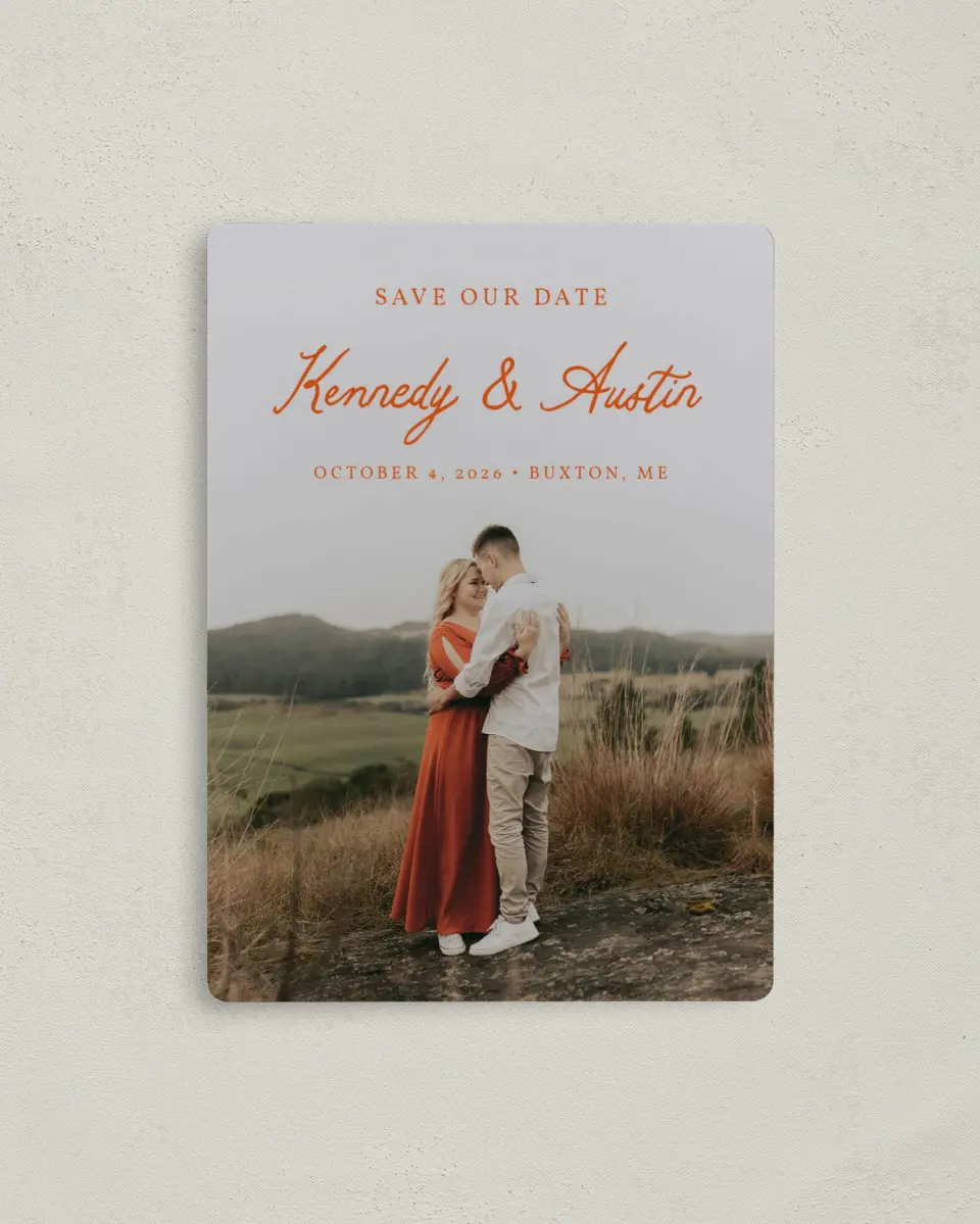This is a 4" x 5½" Save the Date Magnet called The Kennedy printed in full color with a Luxe Satin finish