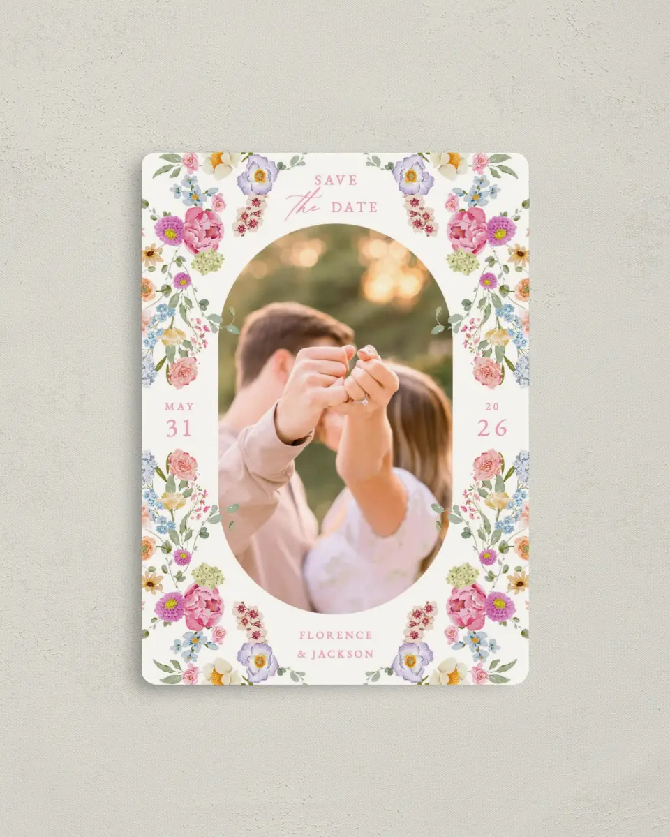 This is a 4" x 5½" Save the Date Magnet called The Florence printed in full color with a Luxe Satin finish