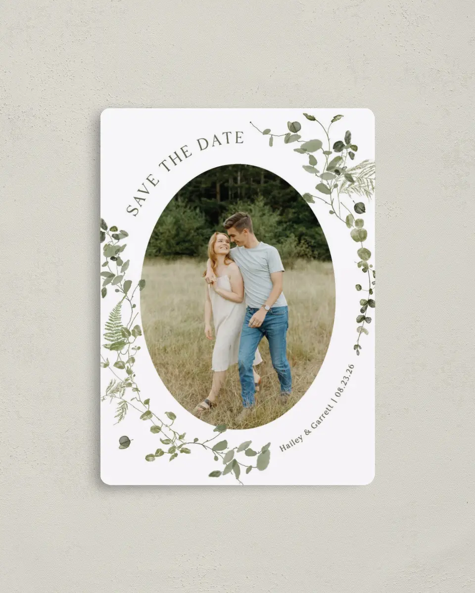 This is a 4" x 5½" Save the Date Magnet called The Hailey printed in full color with a Luxe Satin finish