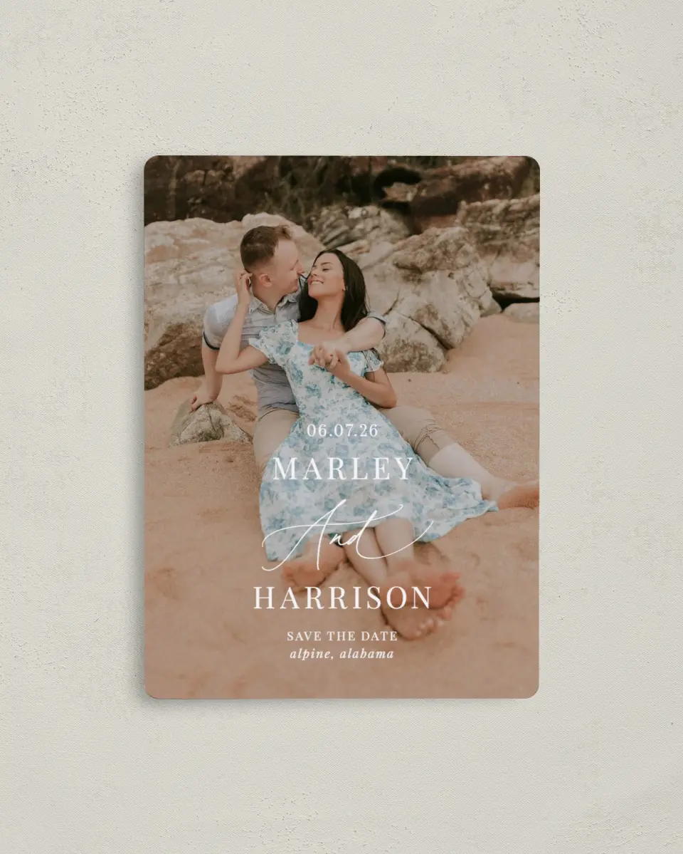 This is a 4" x 5½" Save the Date Magnet called Blue Blossoms printed in full color with a Luxe Satin finish