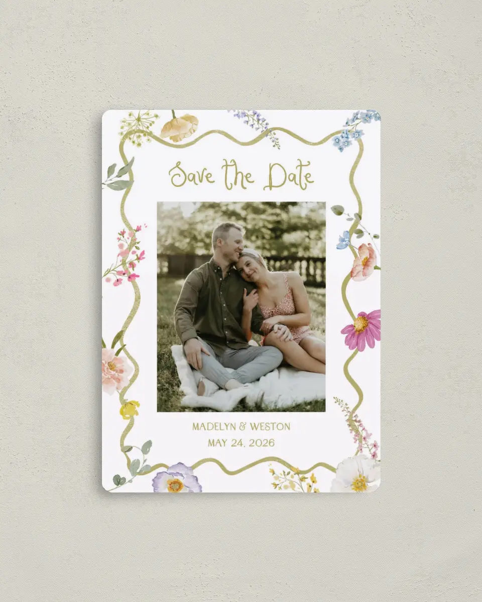 This is a 4" x 5½" Save the Date Magnet called Whimsical Garden printed in full color with a Luxe Satin finish