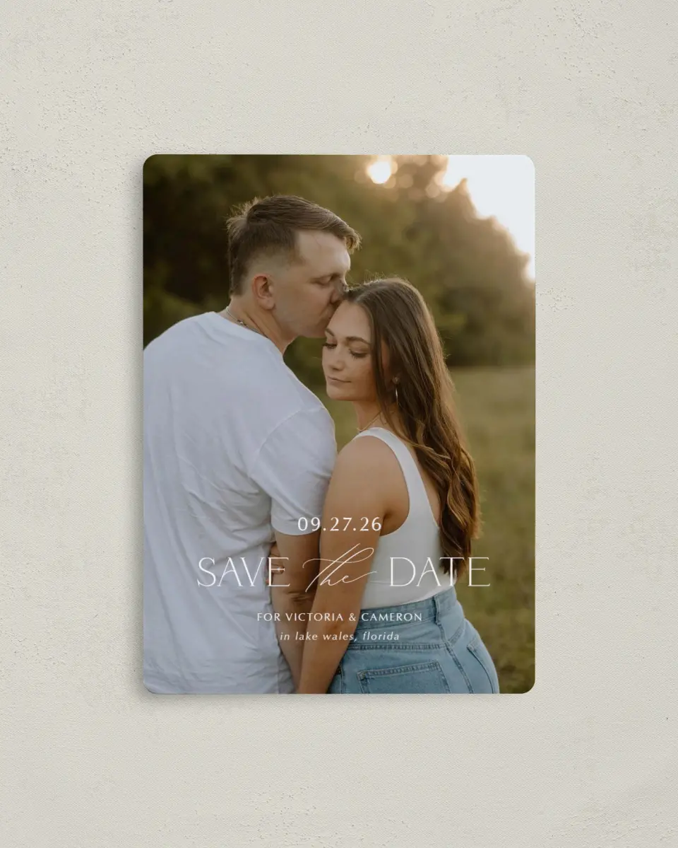This is a 4" x 5½" Save the Date Magnet called The Victoria printed in full color with a Luxe Satin finish