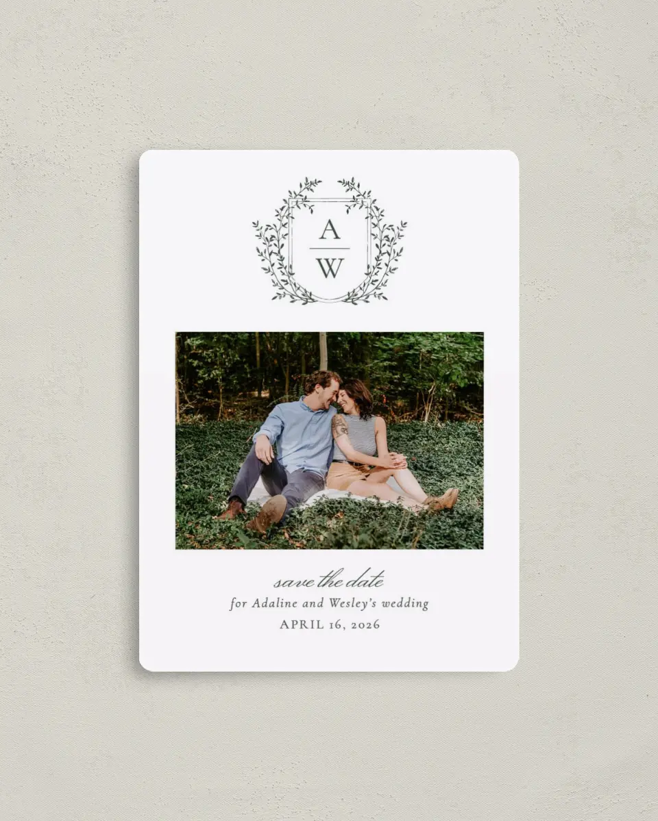 This is a 4" x 5½" Save the Date Magnet called The Adaline printed in full color with a Luxe Satin finish