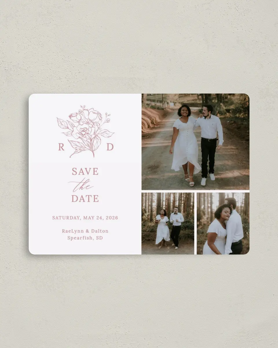 This is a 4" x 5½" Save the Date Magnet called Blushing Rose printed in full color with a Luxe Satin finish