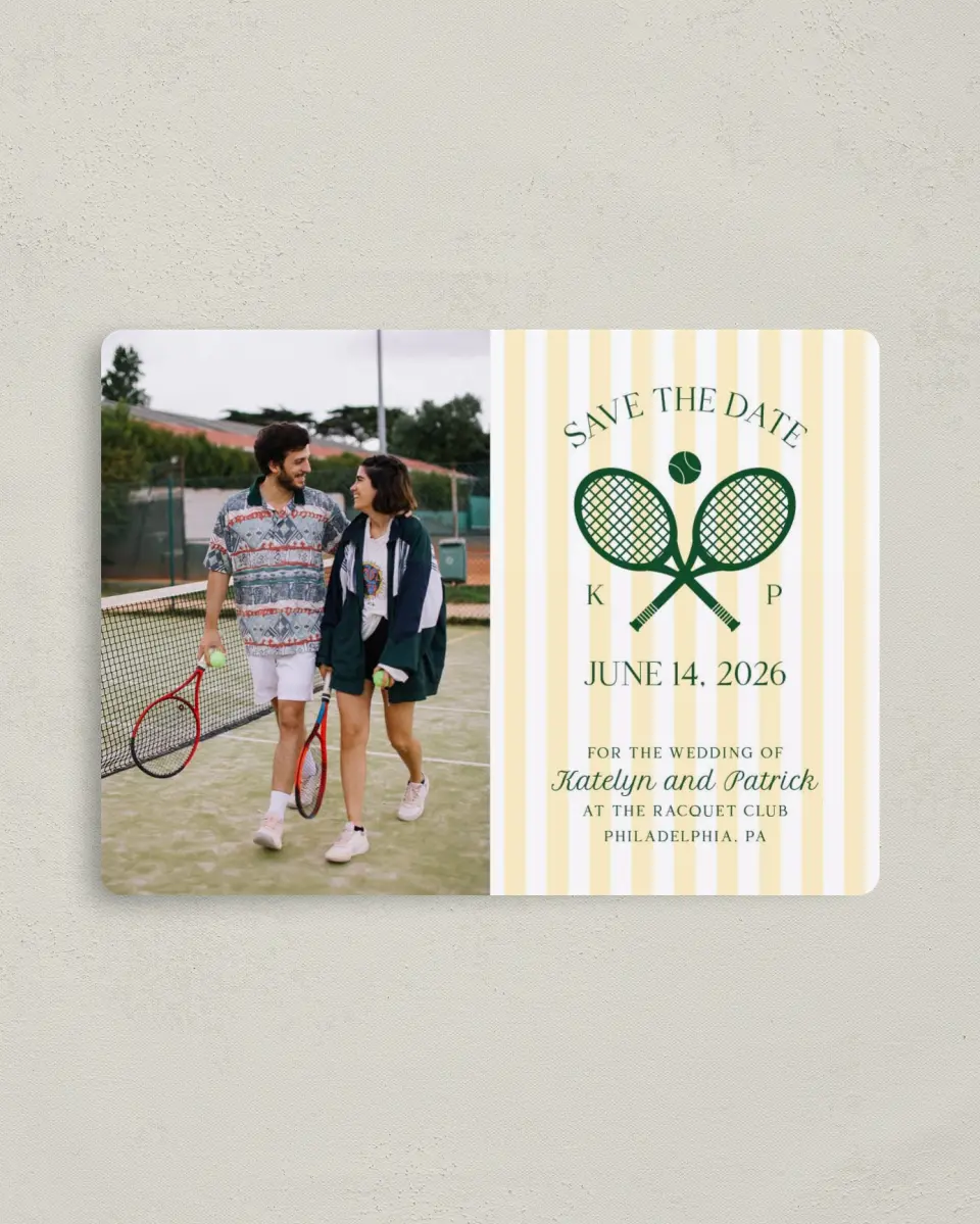 This is a 4" x 5½" Save the Date Magnet called A Perfect Match printed in full color with a Luxe Satin finish