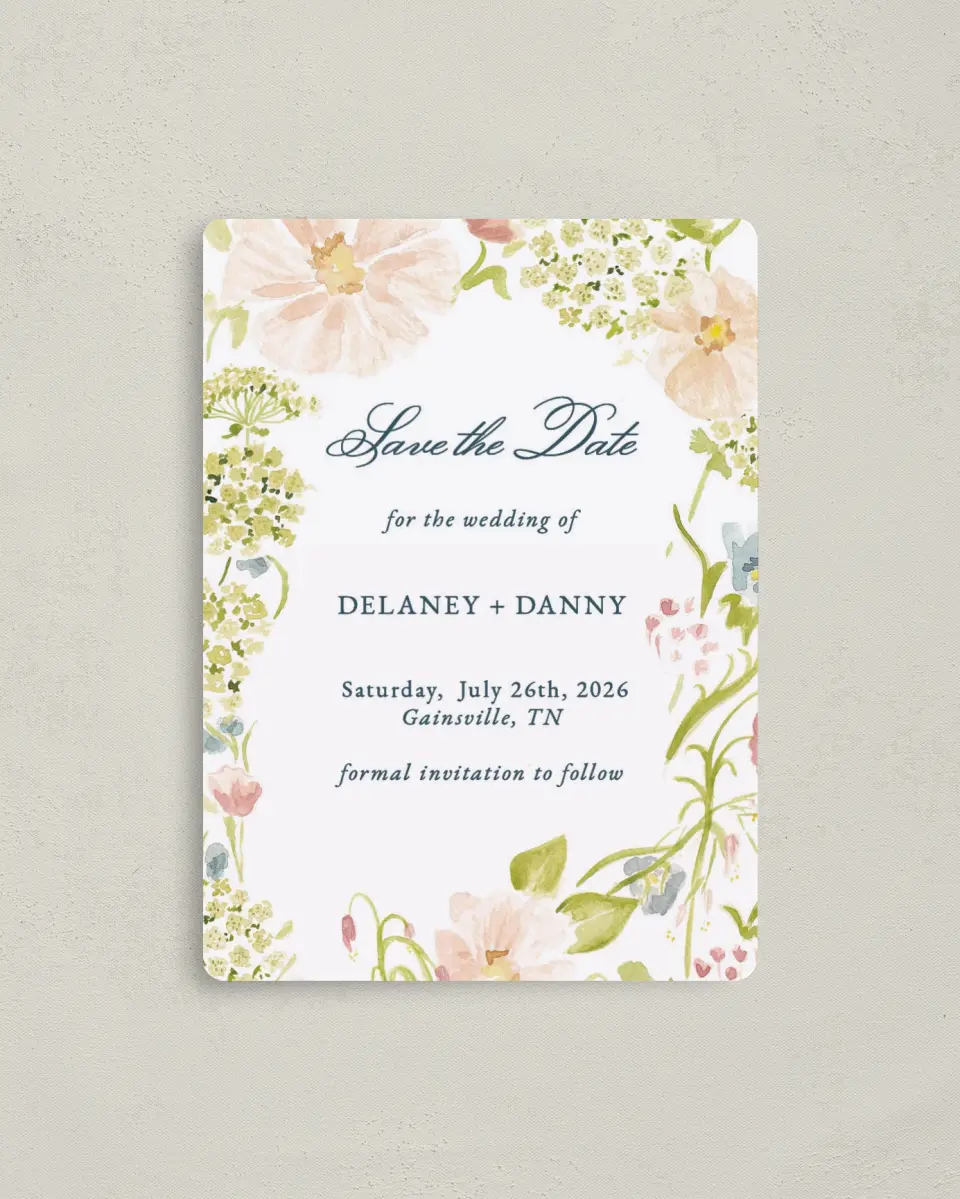 This is a 4" x 5½" Save the Date Magnet called Garden of Vows printed in full color with a Luxe Satin finish