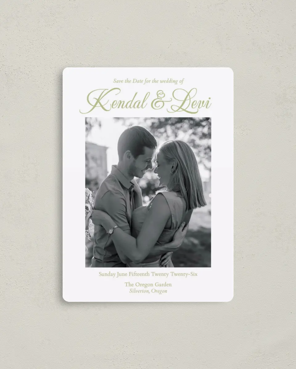 This is a 4" x 5½" Save the Date Magnet called Southern Belle printed in full color with a Luxe Satin finish