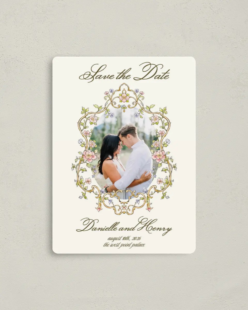 This is a 4" x 5½" Save the Date Magnet called Ever After printed in full color with a Luxe Satin finish