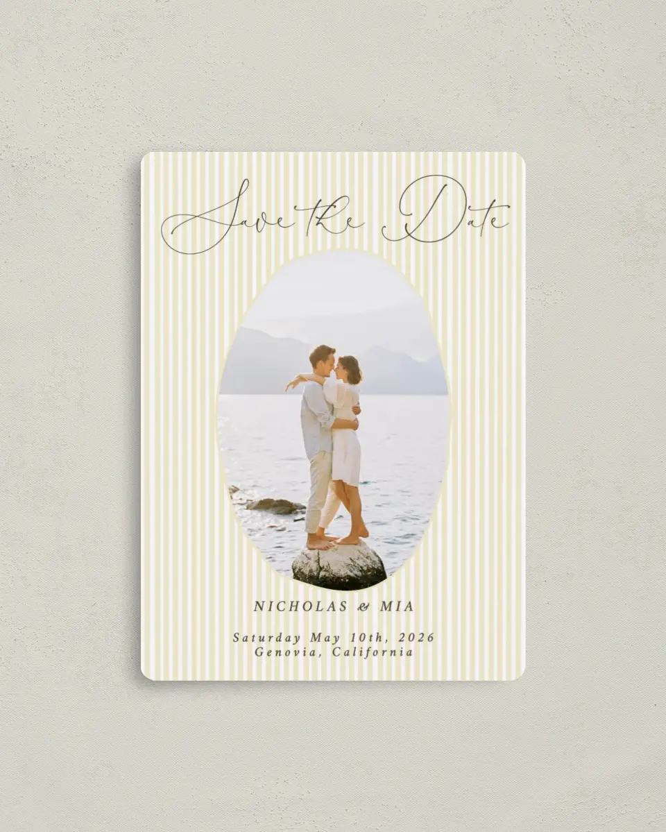 This is a 4" x 5½" Save the Date Magnet called Royal Glory printed in full color with a Luxe Satin finish