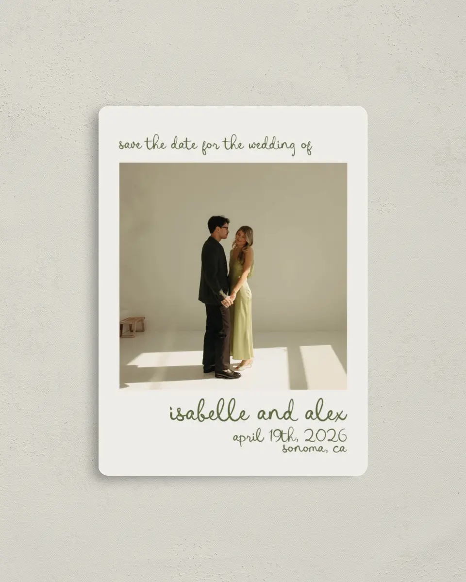 This is a 4" x 5½" Save the Date Magnet called Sweet Woodland printed in full color with a Luxe Satin finish