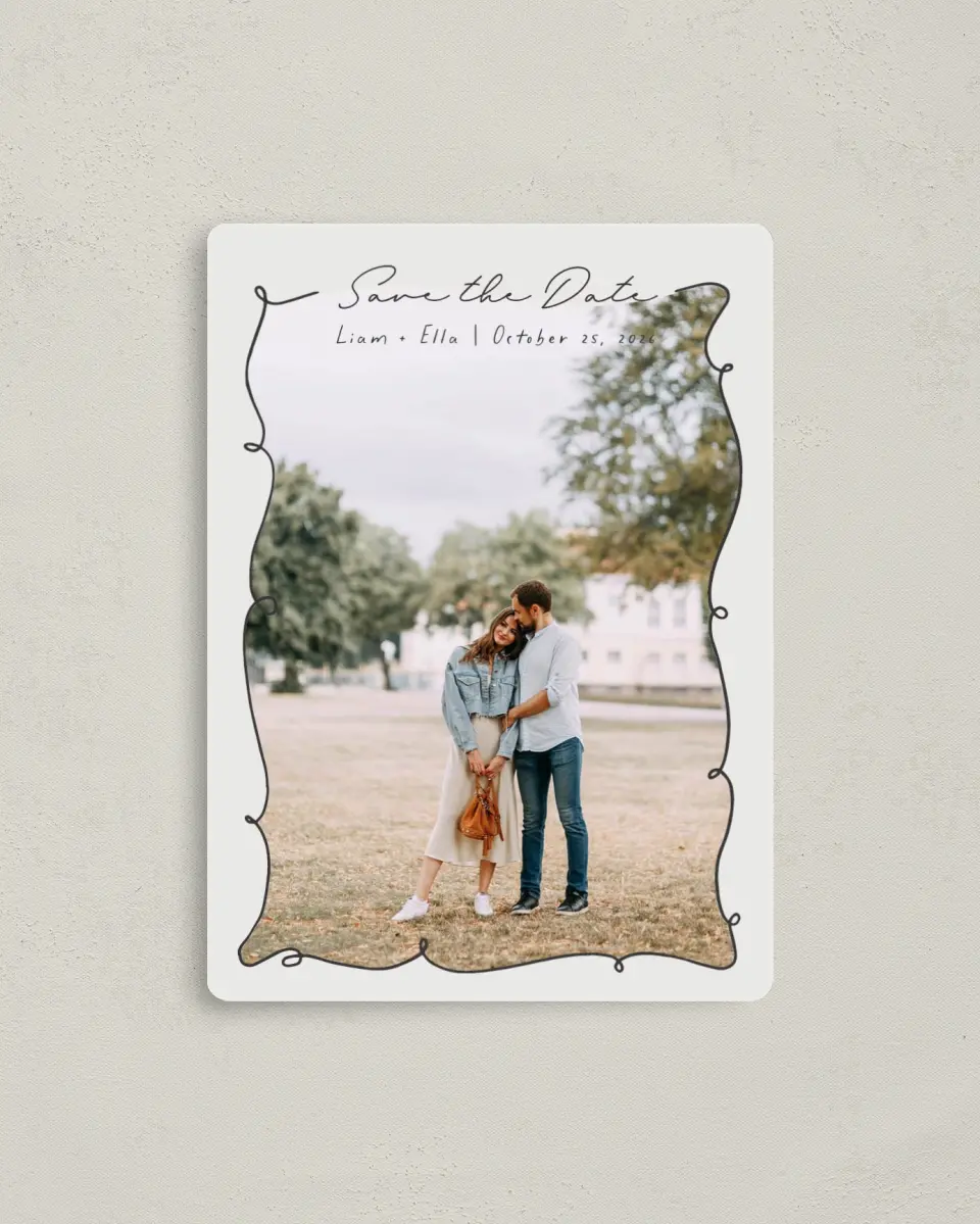 This is a 4" x 5½" Save the Date Magnet called Locket of Love printed in full color with a Luxe Satin finish