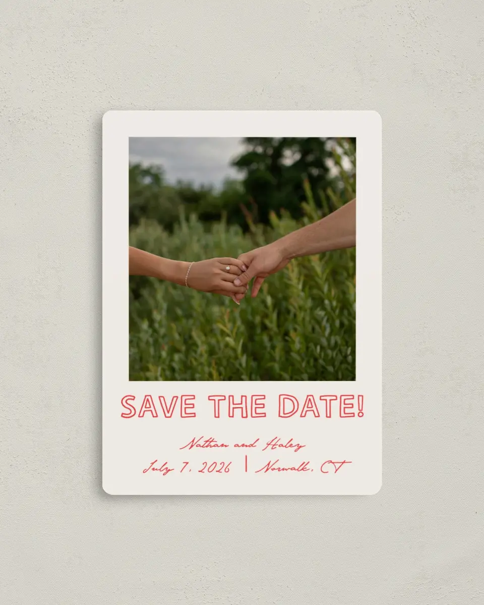 This is a 4" x 5½" Save the Date Magnet called Bold & Bright printed in full color with a Luxe Satin finish