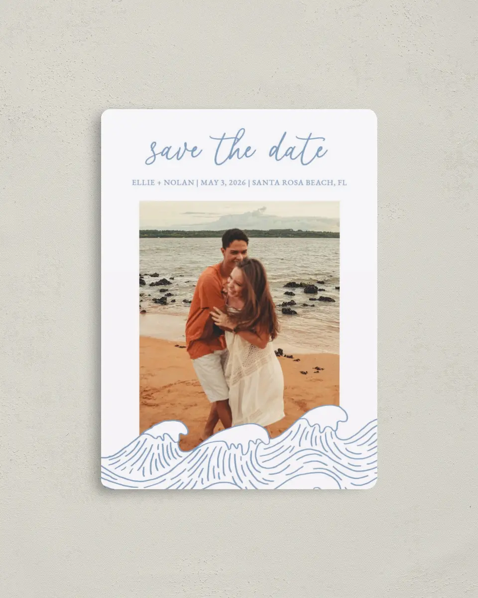 This is a 4" x 5½" Save the Date Magnet called Wave of Love printed in full color with a Luxe Satin finish